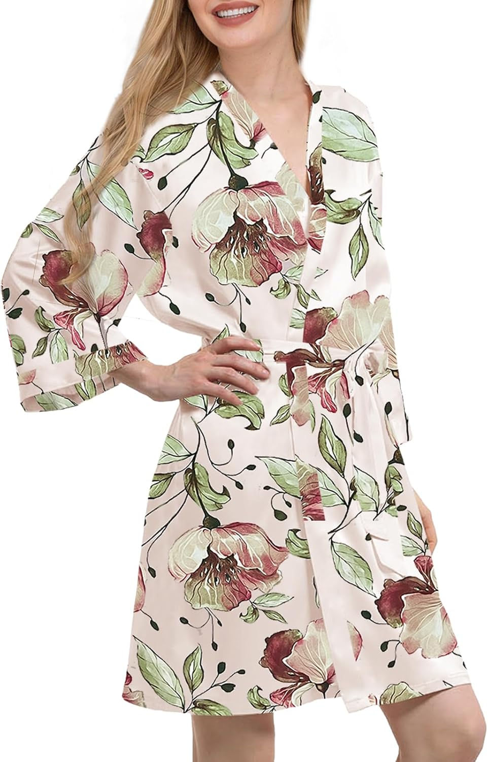 Thumbnail: Womens Satin Kimono Robe Silk Robes Floral Bathrobe Bride Bridesmaid Wedding Si