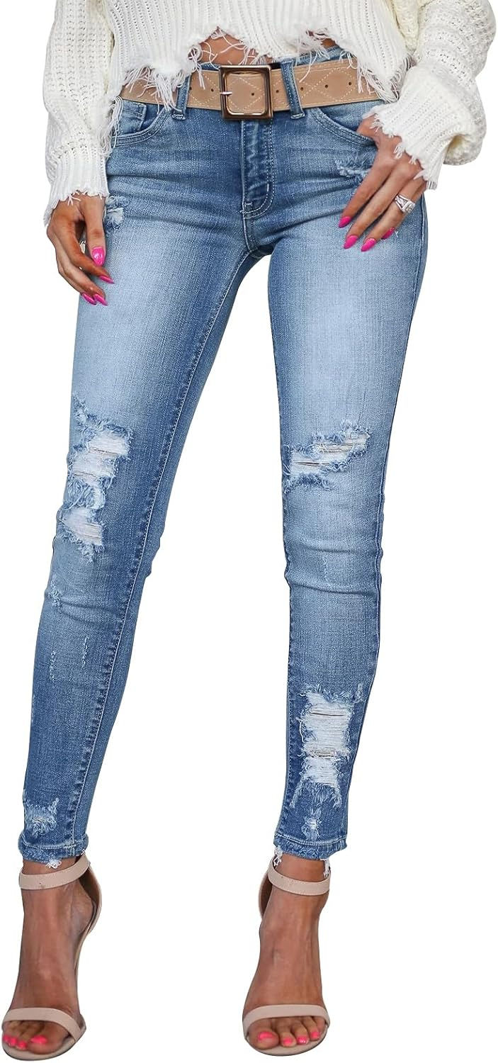 Thumbnail: KUNMI Women's Skinny Ripped Trendy Jeans Distressed Stretchy Denim Pants