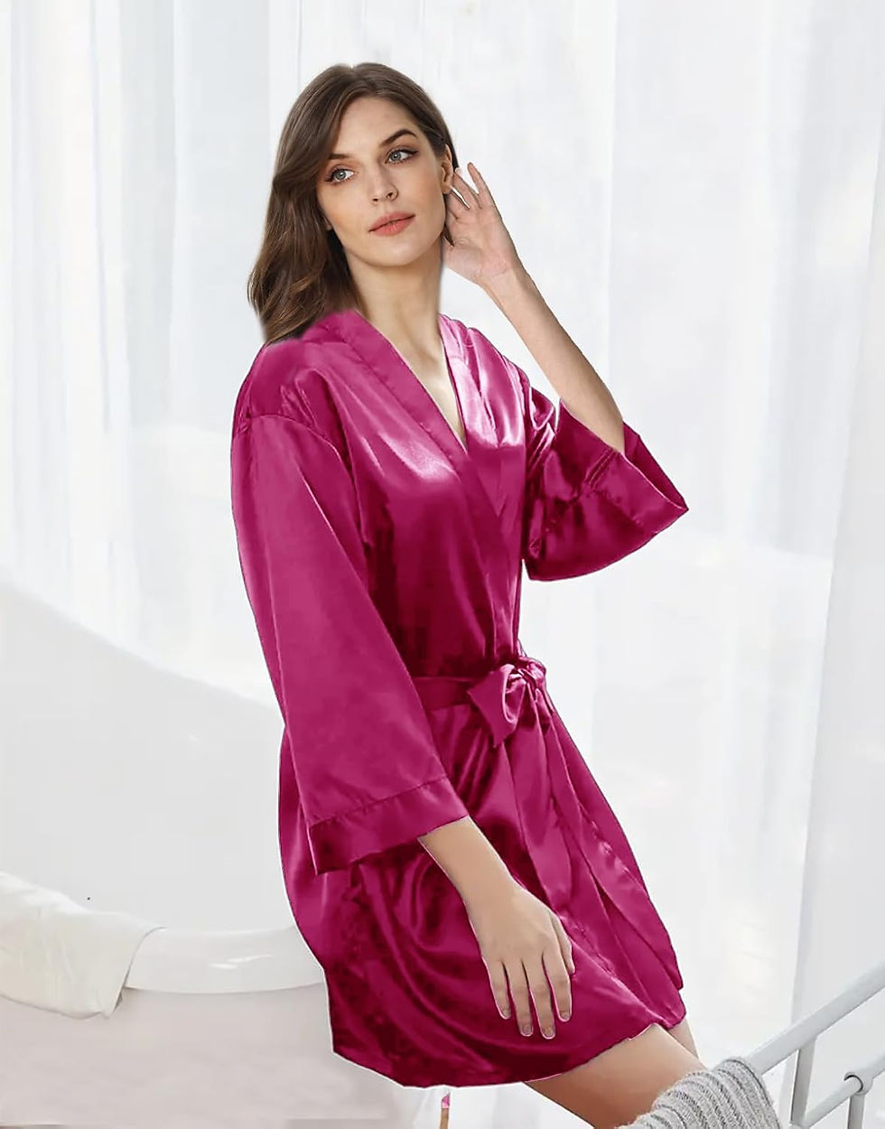 Thumbnail: Womens Satin Kimono Robe Silk Robes Floral Bathrobe Bride Bridesmaid Wedding Si