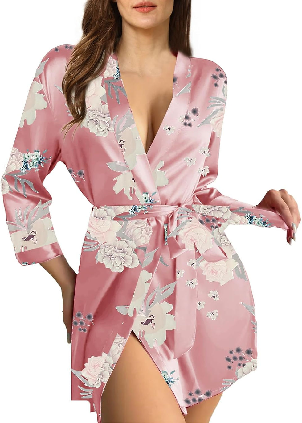 Pikkukuva: Womens Satin Kimono Robe Silk Robes Floral Bathrobe Bride Bridesmaid Wedding Si
