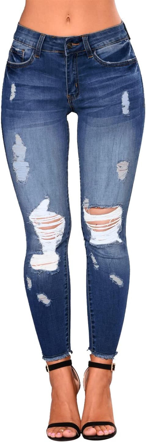 Thumbnail: KUNMI Women's Skinny Ripped Trendy Jeans Distressed Stretchy Denim Pants