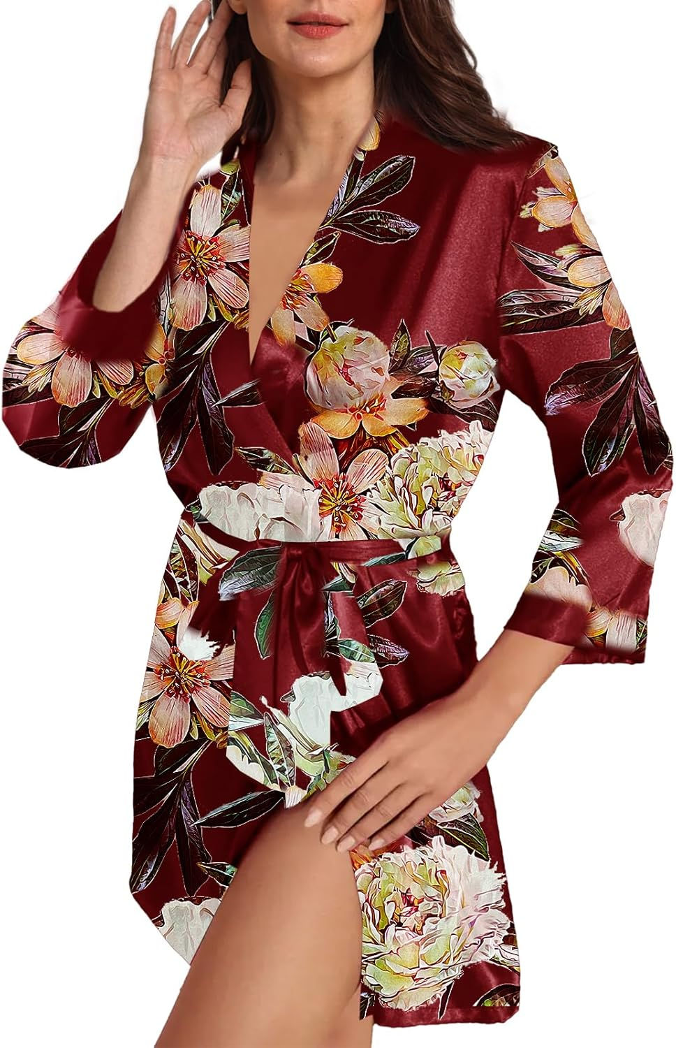 Thumbnail: Womens Satin Kimono Robe Silk Robes Floral Bathrobe Bride Bridesmaid Wedding Si
