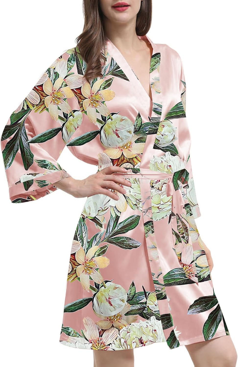 Thumbnail: Womens Satin Kimono Robe Silk Robes Floral Bathrobe Bride Bridesmaid Wedding Si