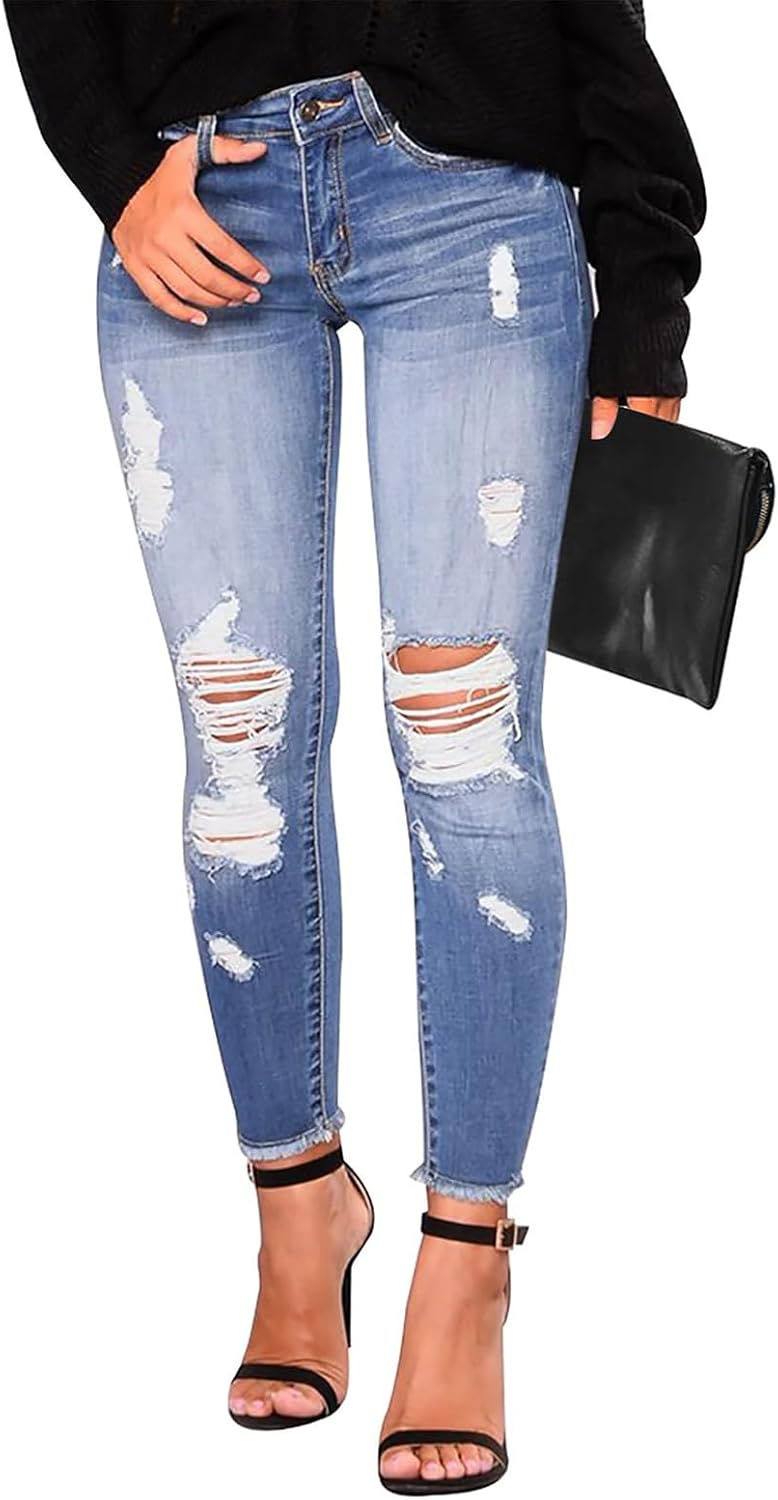 Thumbnail: Gumipy Womens Skinny Jeans High Waisted Stretchy Ripped Jeans Trendy Tummy Cont