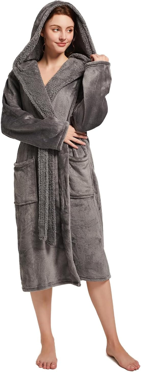 Thumbnail: Womens Hooded Robe,Plush Fleece Soft Robe for Women,Cozy Warm Bathrobe,Spa robe