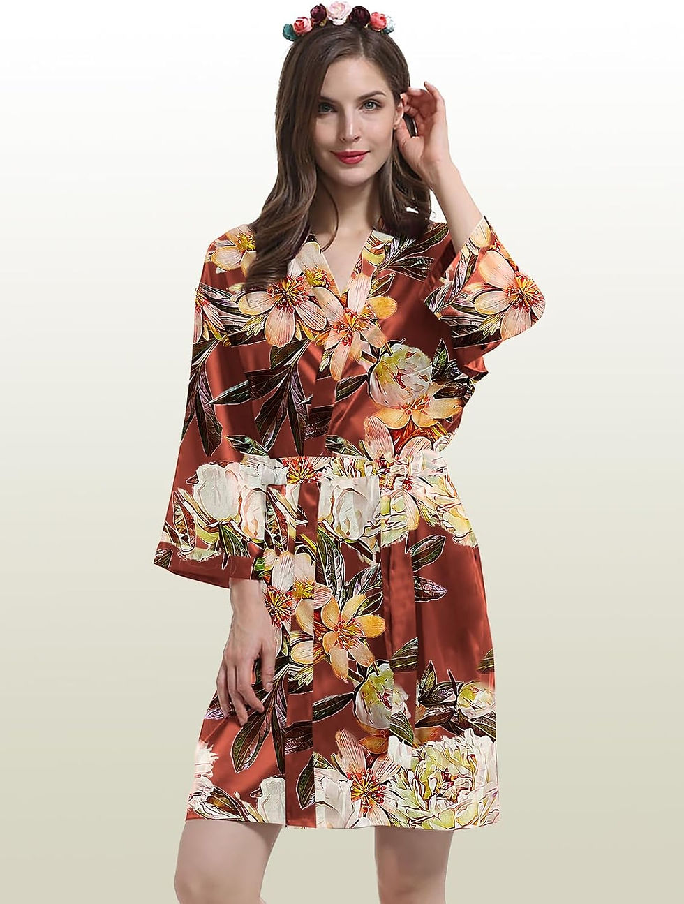 Thumbnail: Womens Satin Kimono Robe Silk Robes Floral Bathrobe Bride Bridesmaid Wedding Si