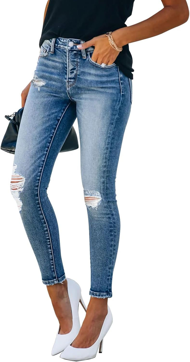 Thumbnail: KUNMI Women's Skinny Ripped Trendy Jeans Distressed Stretchy Denim Pants