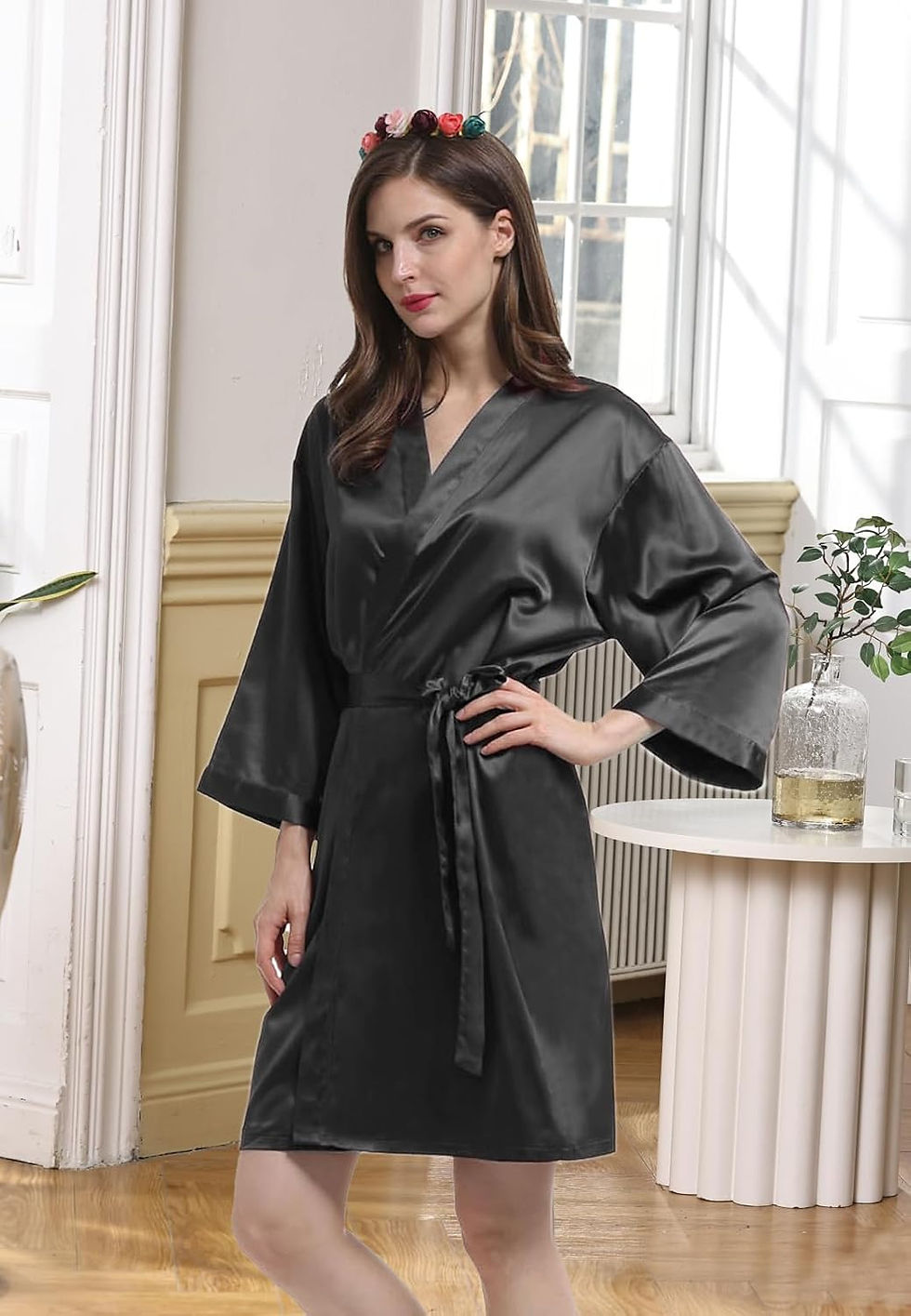 Thumbnail: Womens Satin Kimono Robe Silk Robes Floral Bathrobe Bride Bridesmaid Wedding Si
