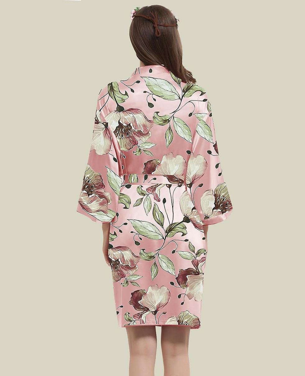 Pikkukuva: Womens Satin Kimono Robe Silk Robes Floral Bathrobe Bride Bridesmaid Wedding Si