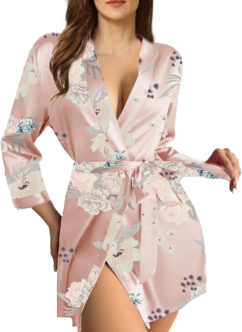 Pikkukuva: Womens Satin Kimono Robe Silk Robes Floral Bathrobe Bride Bridesmaid Wedding Si