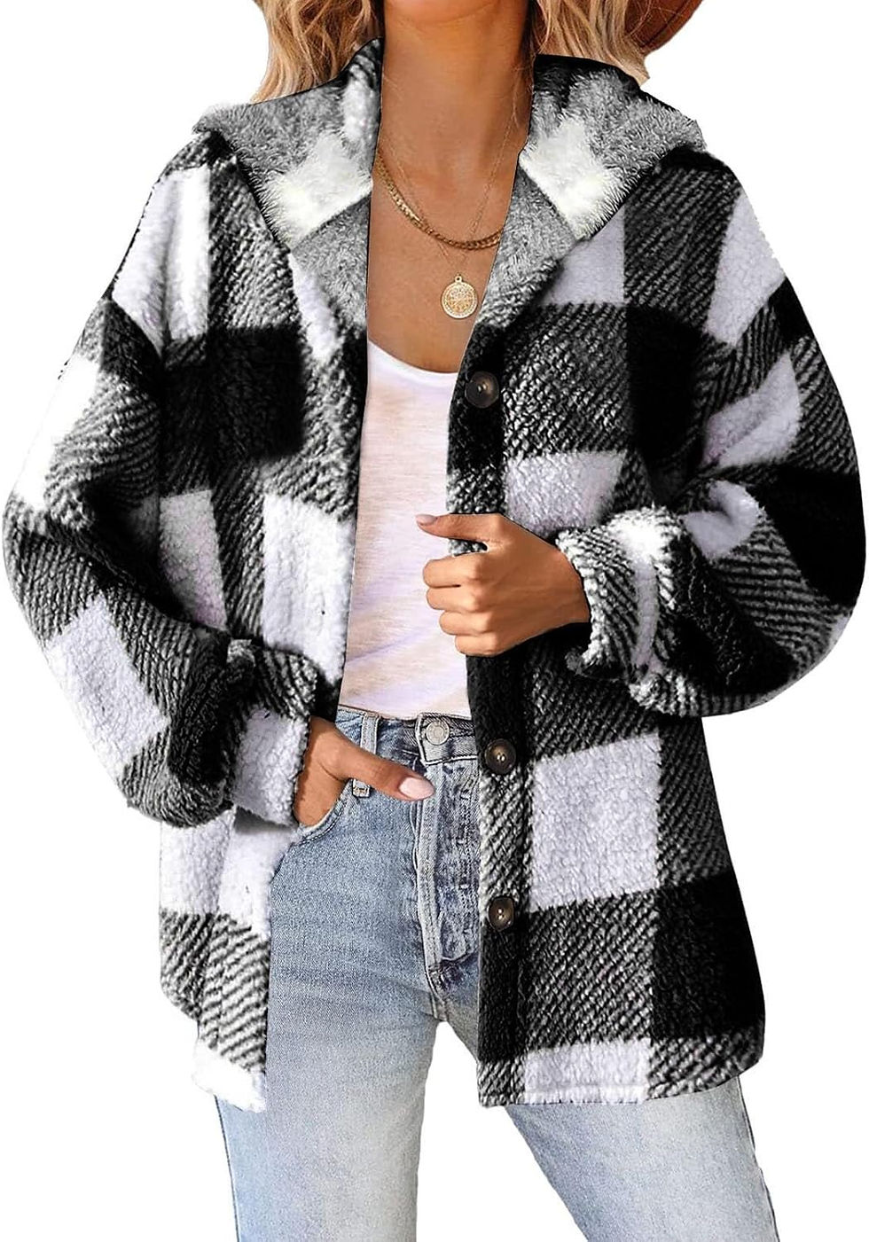 Miniatura: Plaid Fleece Shacket Jacket Womens Oversized Flannel Button Fall Hoodie Jackets