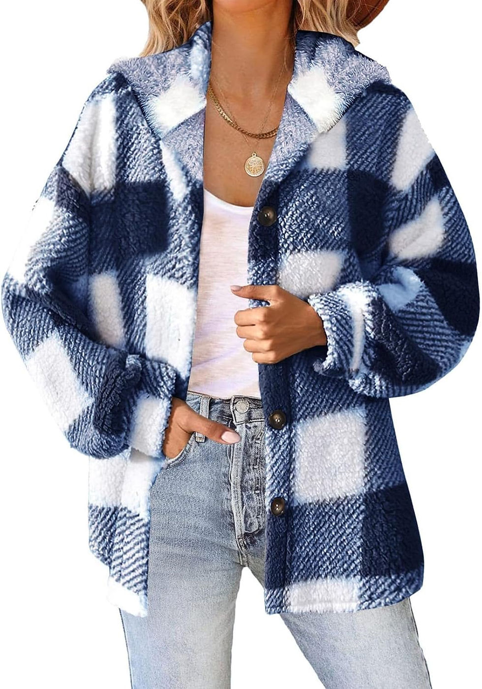Thumbnail: Plaid Fleece Shacket Jacket Womens Oversized Flannel Button Fall Hoodie Jackets