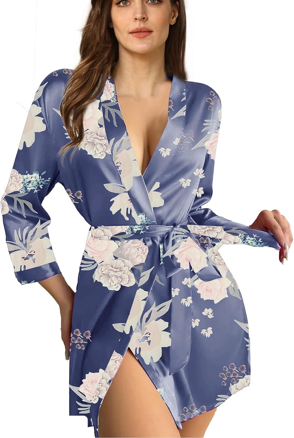 Thumbnail: Womens Satin Kimono Robe Silk Robes Floral Bathrobe Bride Bridesmaid Wedding Si