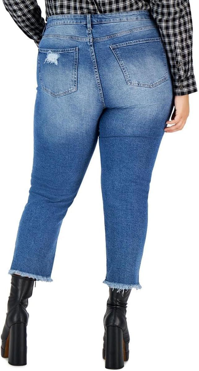 ภาพขนาดย่อ: Celebrity Pink Womens High Rise Frayed Hem Straight Leg Jeans