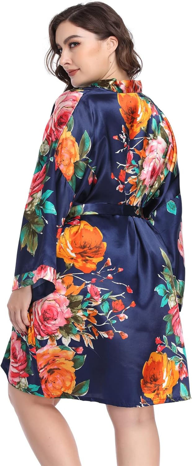 Thumbnail: MissNina Women's Floral Satin Kimono Robes Short Silky Bridesmaid Robes Sleepwe