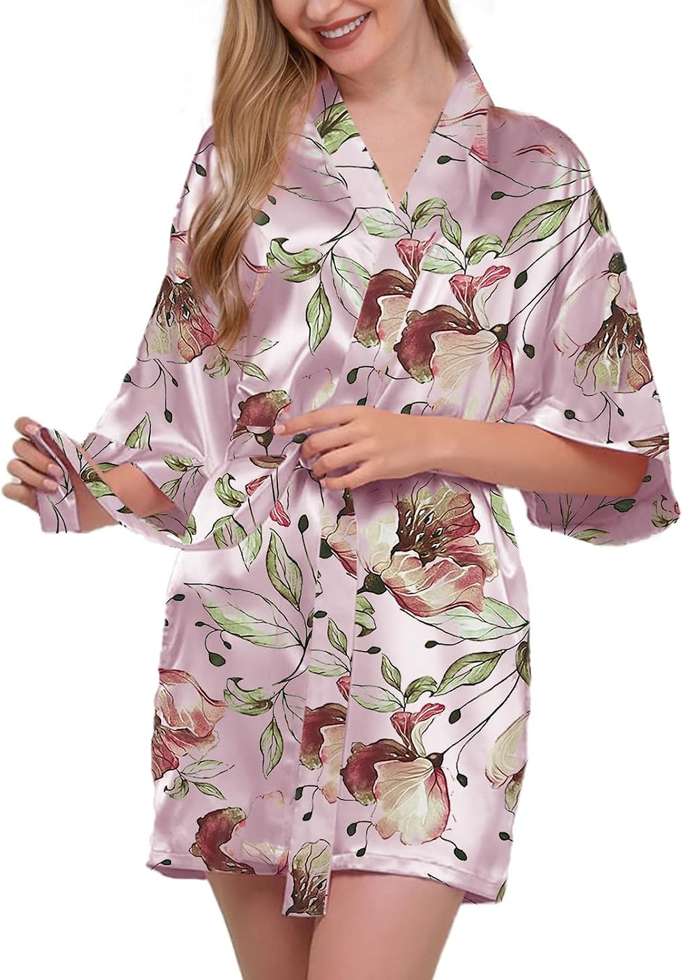 Thumbnail: Womens Satin Kimono Robe Silk Robes Floral Bathrobe Bride Bridesmaid Wedding Si