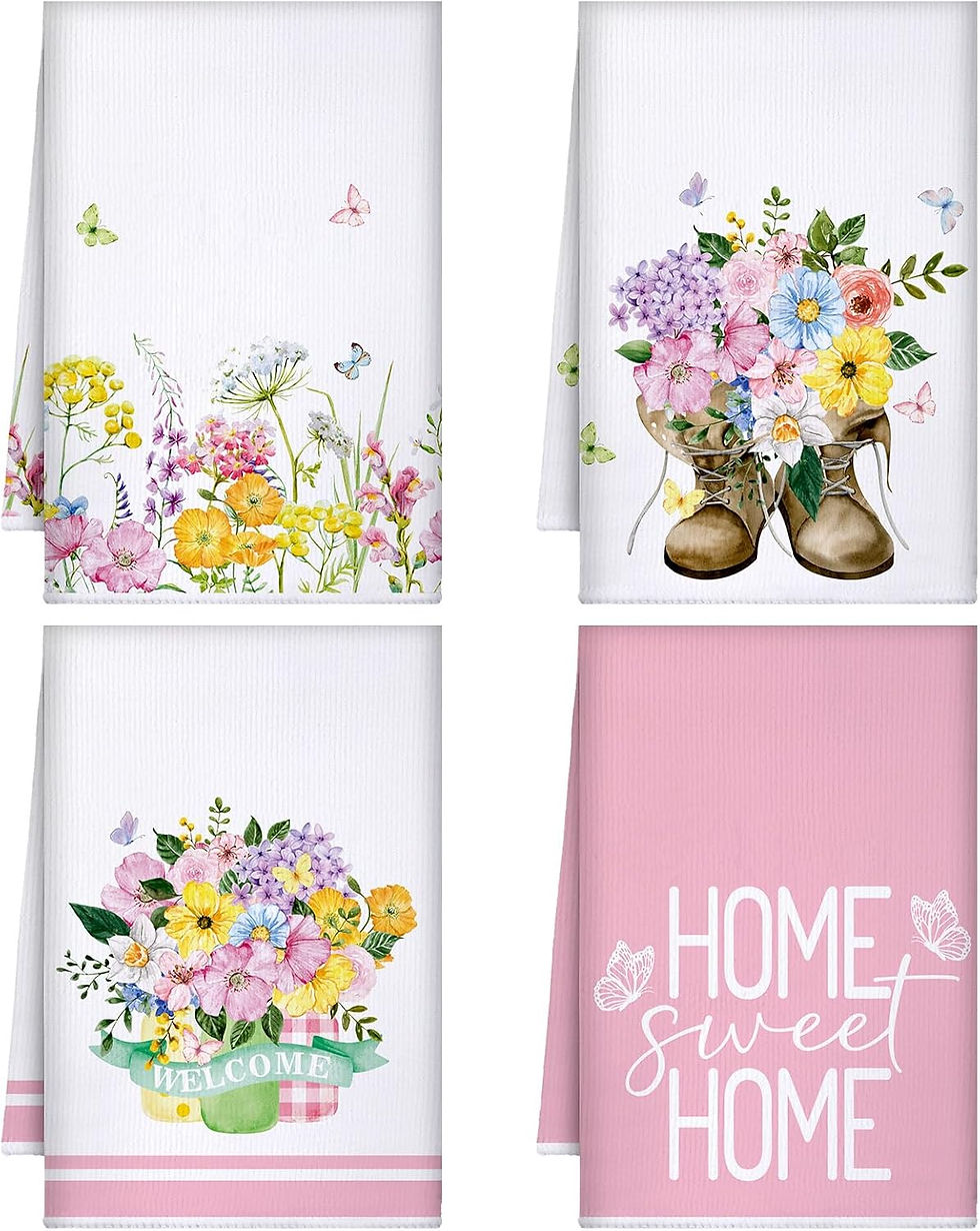Miniature : Bencailor 4 Pcs Sunflower Kitchen Towels Summer Sea Beach Flower Floral Cow Kit