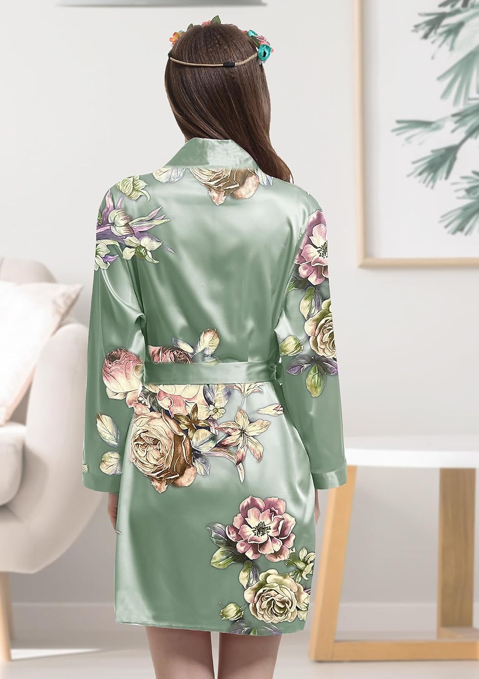 Thumbnail: Womens Satin Kimono Robe Silk Robes Floral Bathrobe Bride Bridesmaid Wedding Si