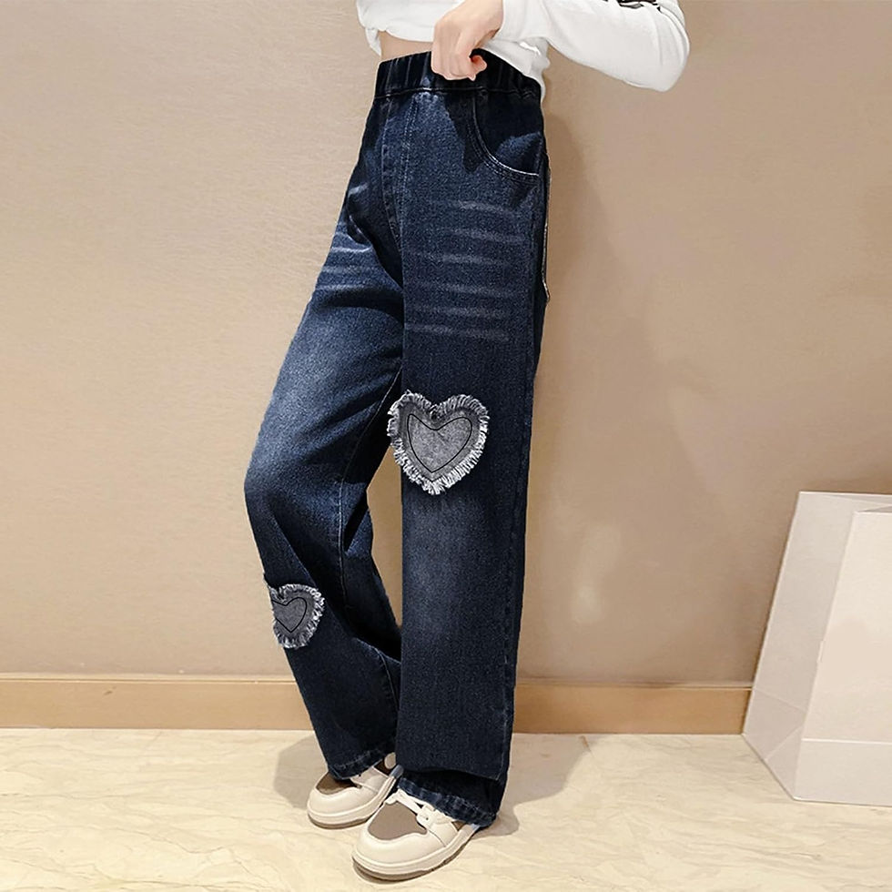 Thumbnail: Kids Girls Denim Cargo Pants Casual Baggy Wide Leg Jeans High Waist Floor Lengt