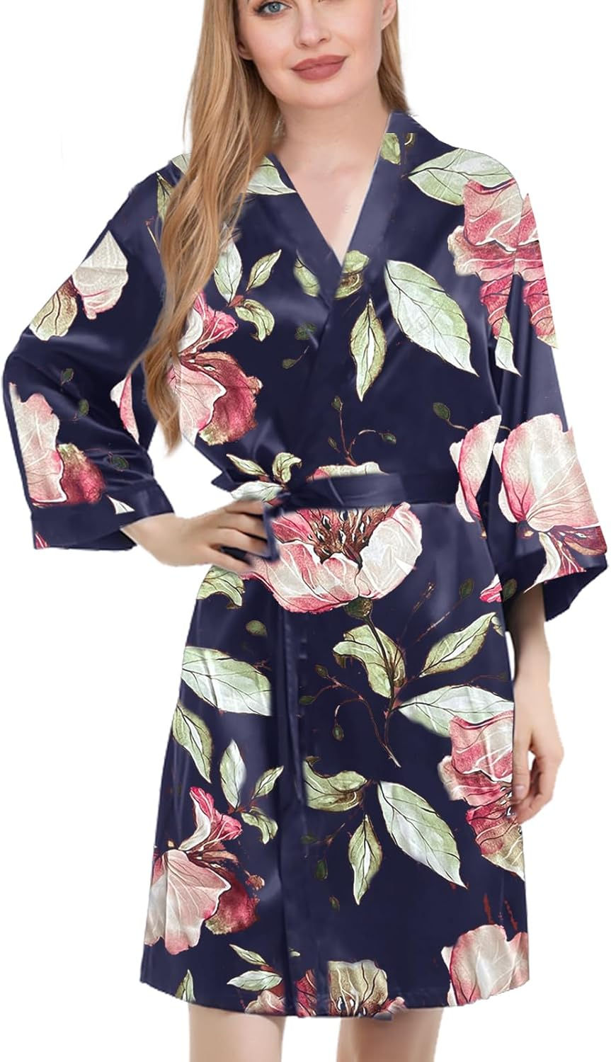 Thumbnail: Womens Satin Kimono Robe Silk Robes Floral Bathrobe Bride Bridesmaid Wedding Si