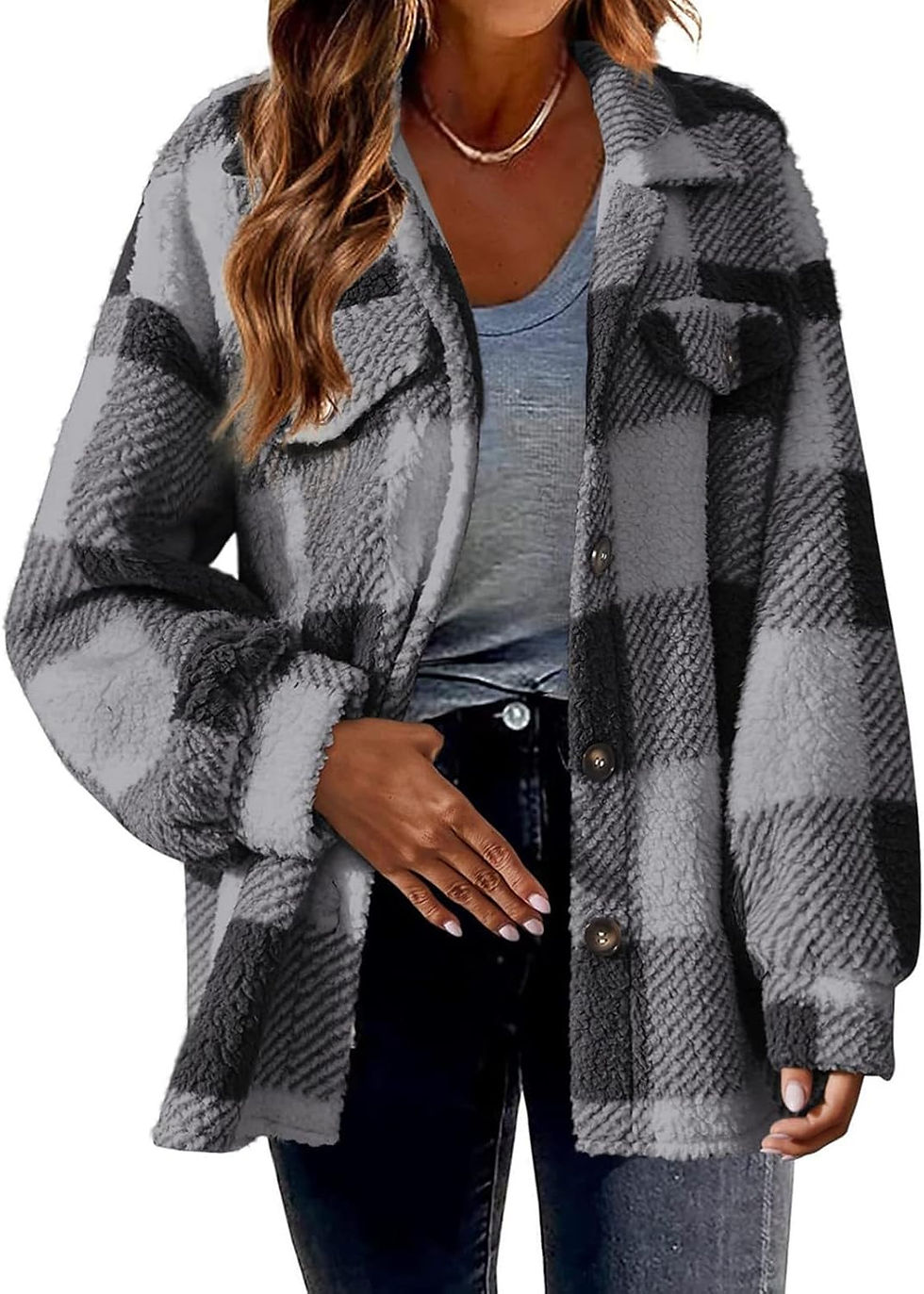 Thumbnail: Plaid Fleece Shacket Jacket Womens Oversized Flannel Button Fall Hoodie Jackets