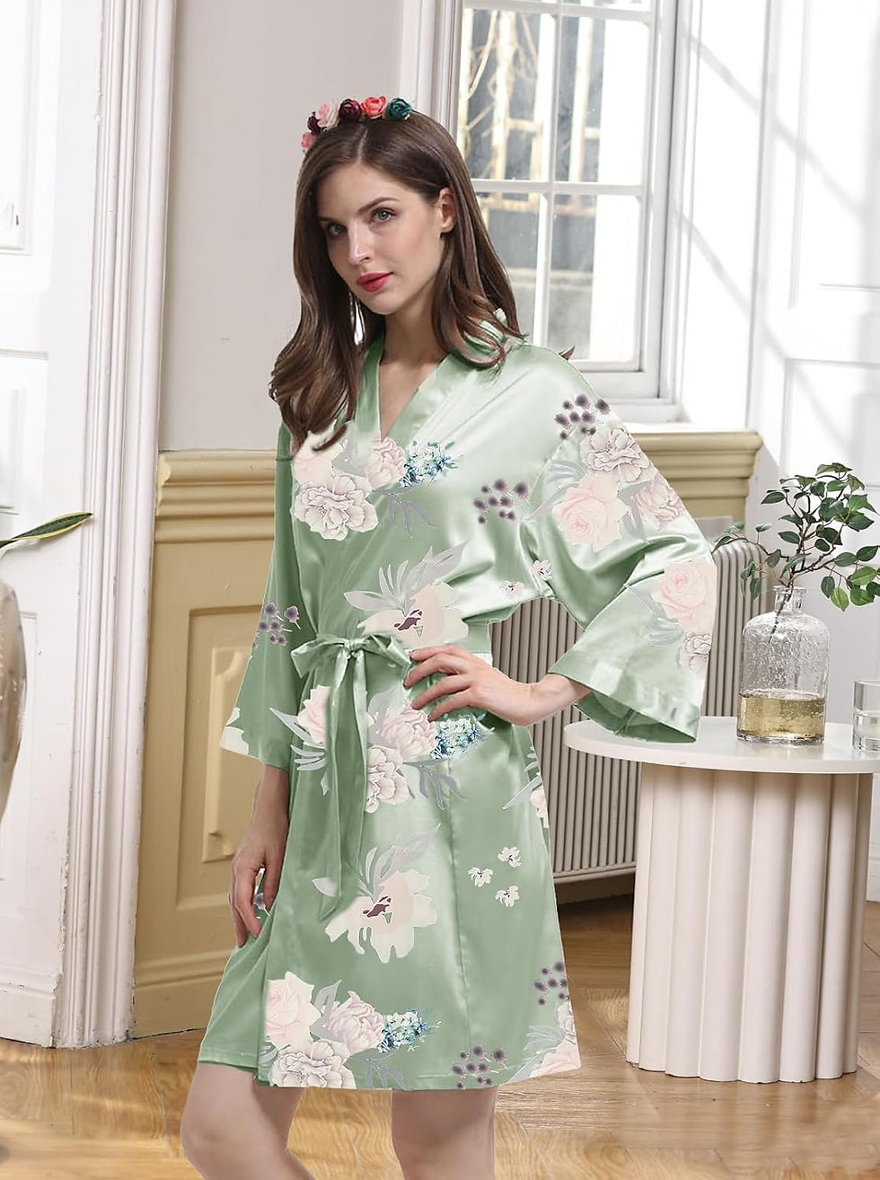 Thumbnail: Womens Satin Kimono Robe Silk Robes Floral Bathrobe Bride Bridesmaid Wedding Si
