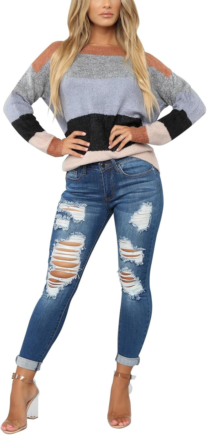Thumbnail: KUNMI Women's Skinny Ripped Trendy Jeans Distressed Stretchy Denim Pants