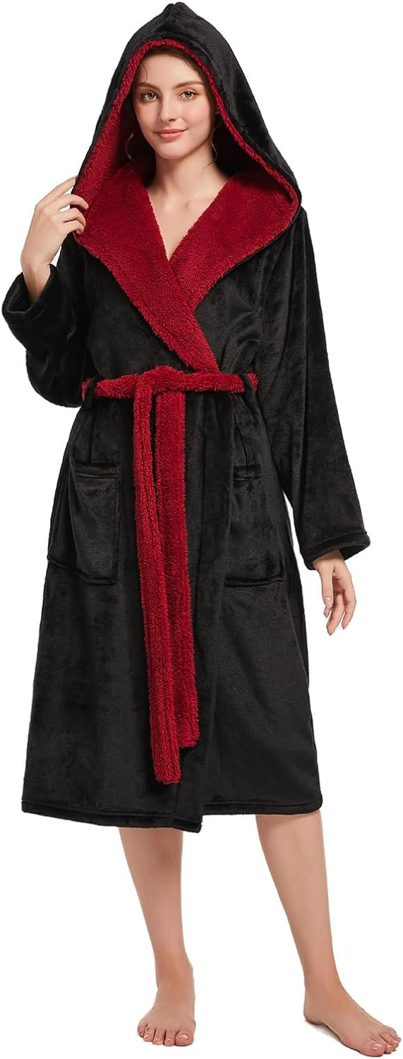 Miniatyrbild: Womens Hooded Robe,Plush Fleece Soft Robe for Women,Cozy Warm Bathrobe,Spa robe