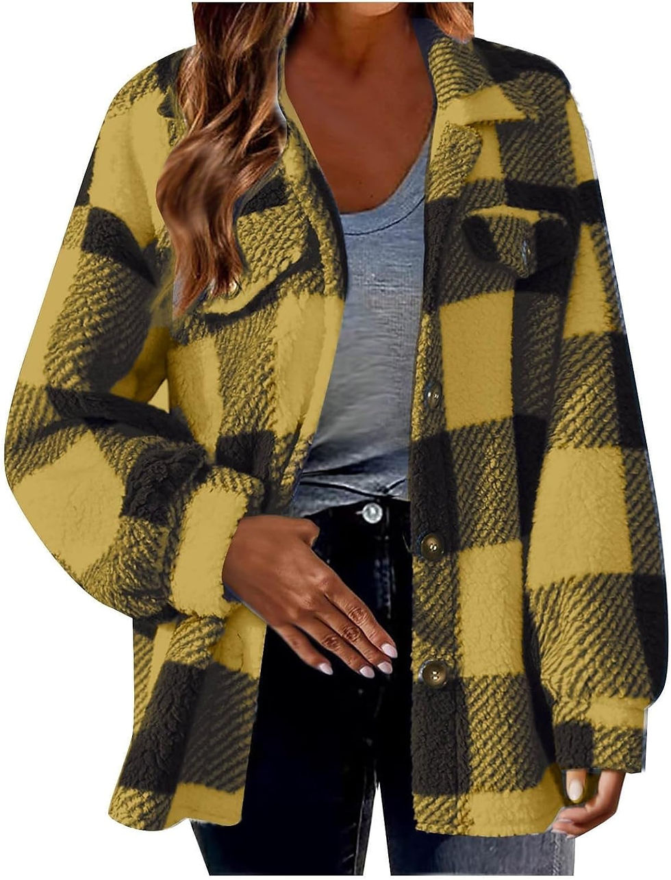 Miniatura: Plaid Fleece Shacket Jacket Womens Oversized Flannel Button Fall Hoodie Jackets