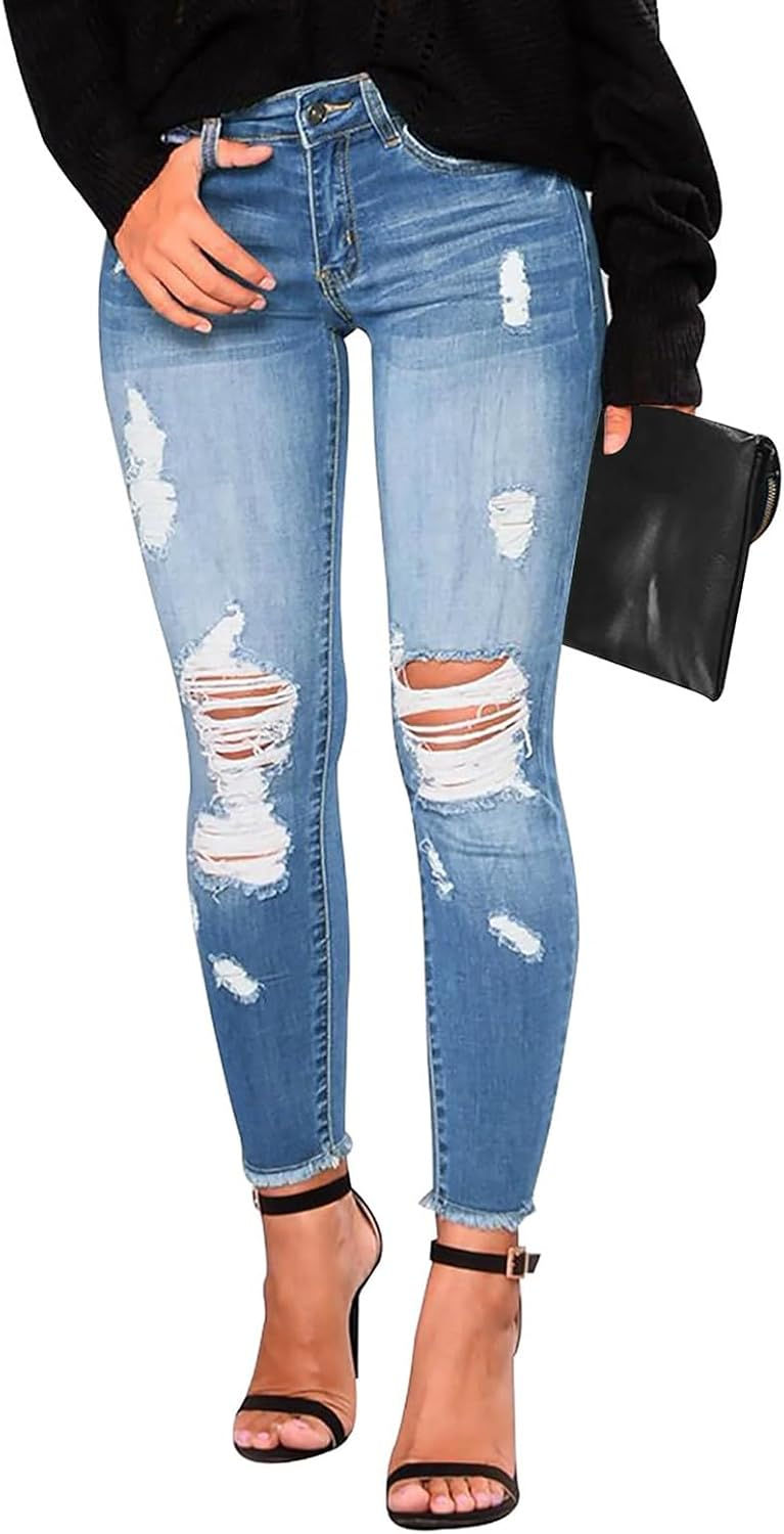 Thumbnail: Gumipy Womens Skinny Jeans High Waisted Stretchy Ripped Jeans Trendy Tummy Cont