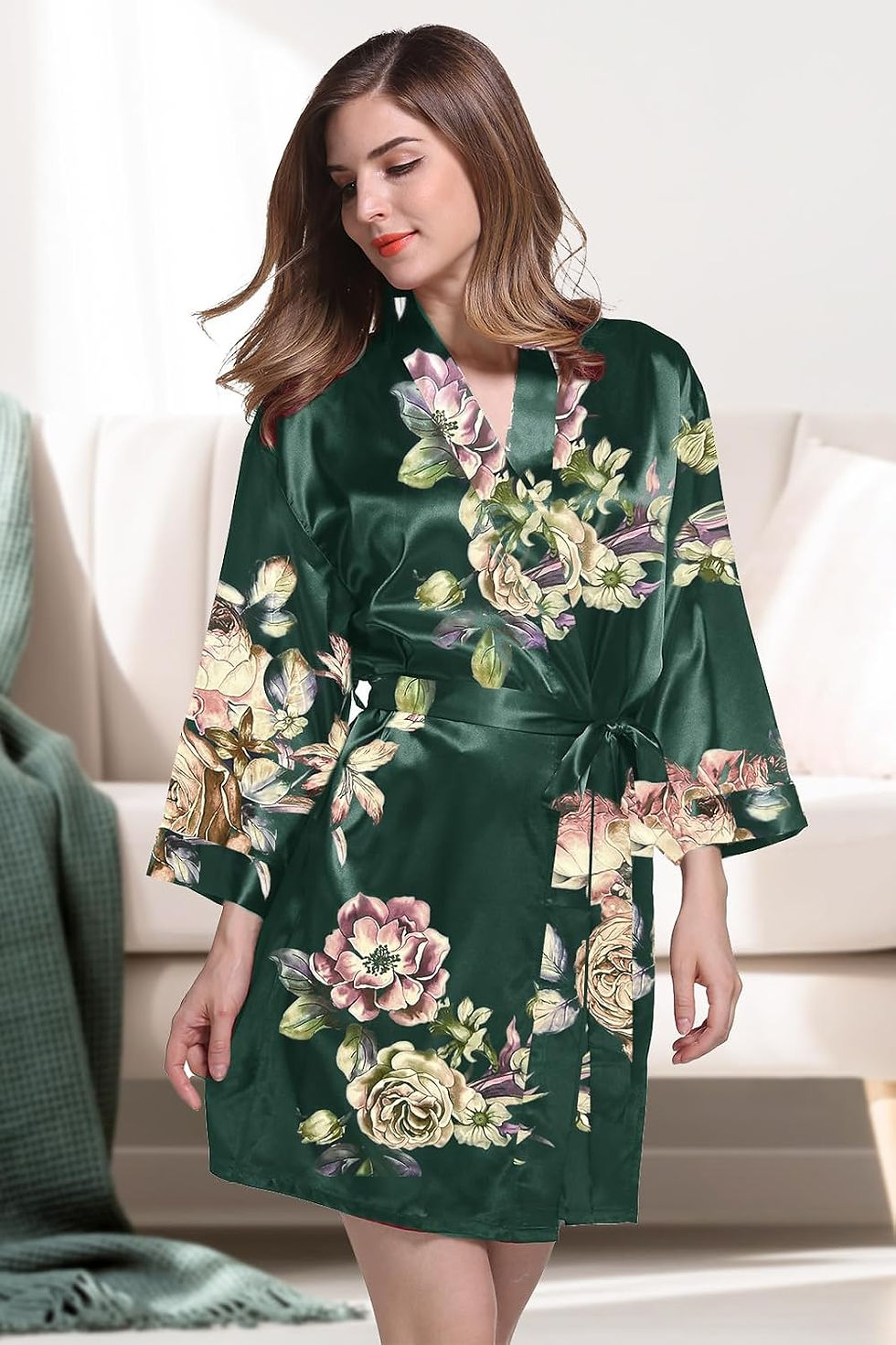 Thumbnail: Womens Satin Kimono Robe Silk Robes Floral Bathrobe Bride Bridesmaid Wedding Si
