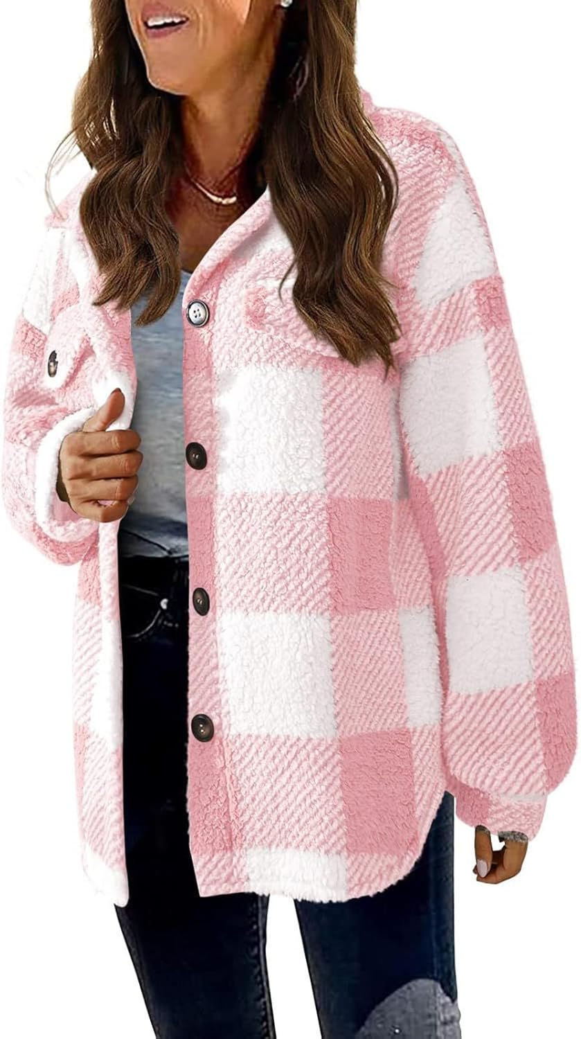 Μικρογραφία: Plaid Fleece Shacket Jacket Womens Oversized Flannel Button Fall Hoodie Jackets