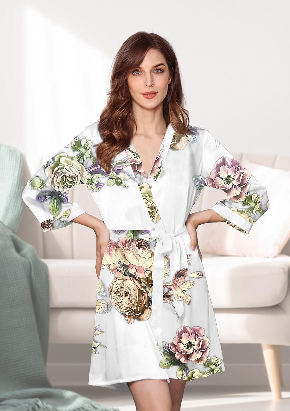 Thumbnail: Womens Satin Kimono Robe Silk Robes Floral Bathrobe Bride Bridesmaid Wedding Si