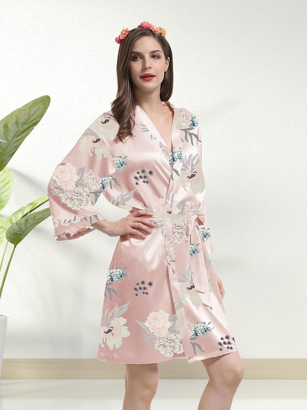 Thumbnail: Womens Satin Kimono Robe Silk Robes Floral Bathrobe Bride Bridesmaid Wedding Si