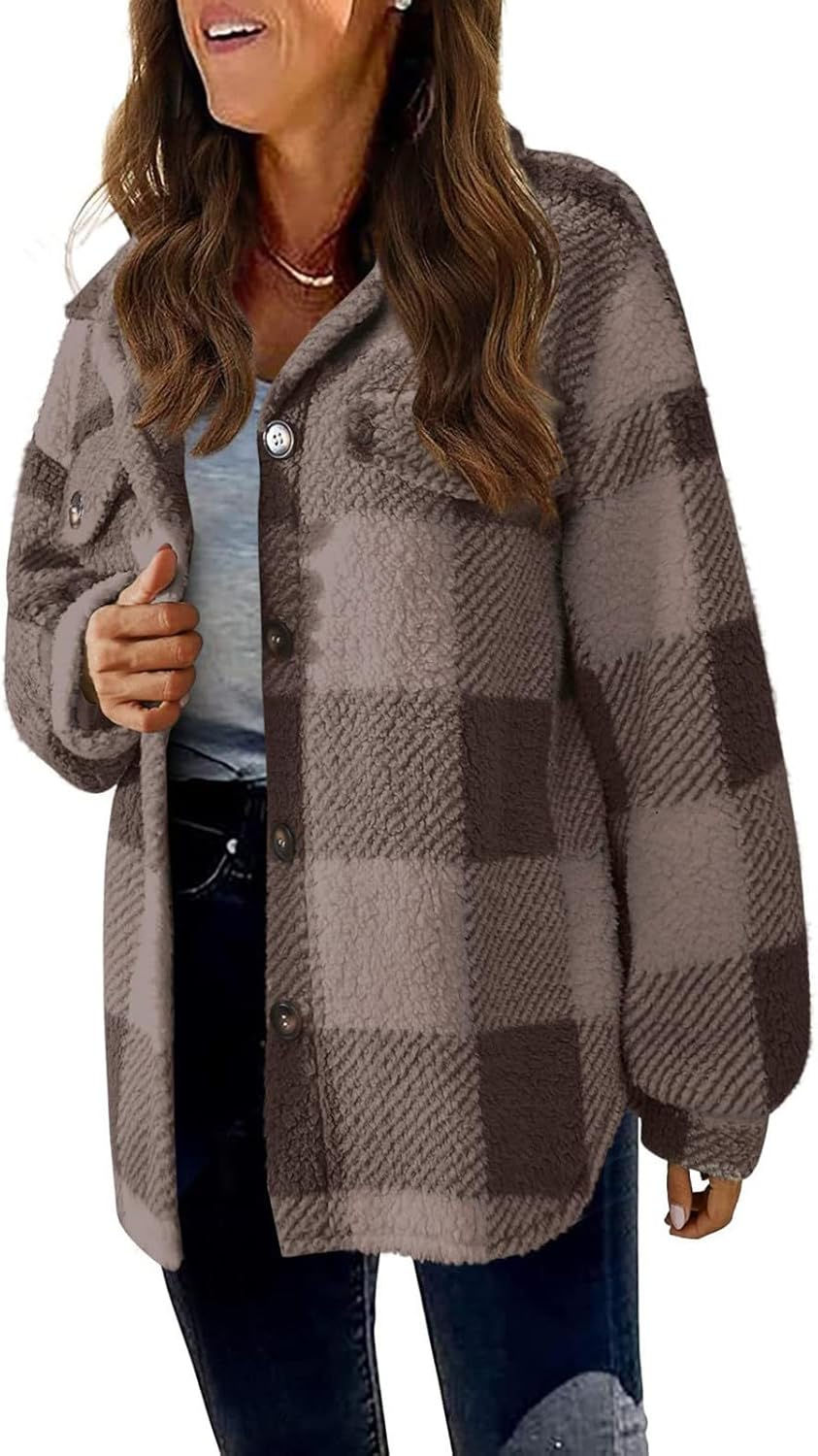 Miniatura: Plaid Fleece Shacket Jacket Womens Oversized Flannel Button Fall Hoodie Jackets