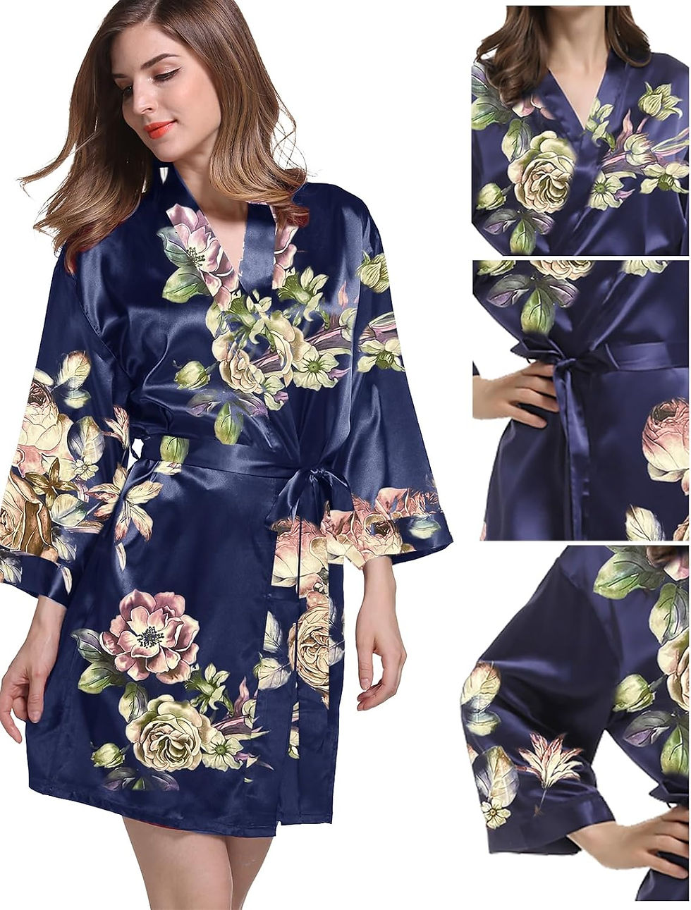 Pikkukuva: Womens Satin Kimono Robe Silk Robes Floral Bathrobe Bride Bridesmaid Wedding Si