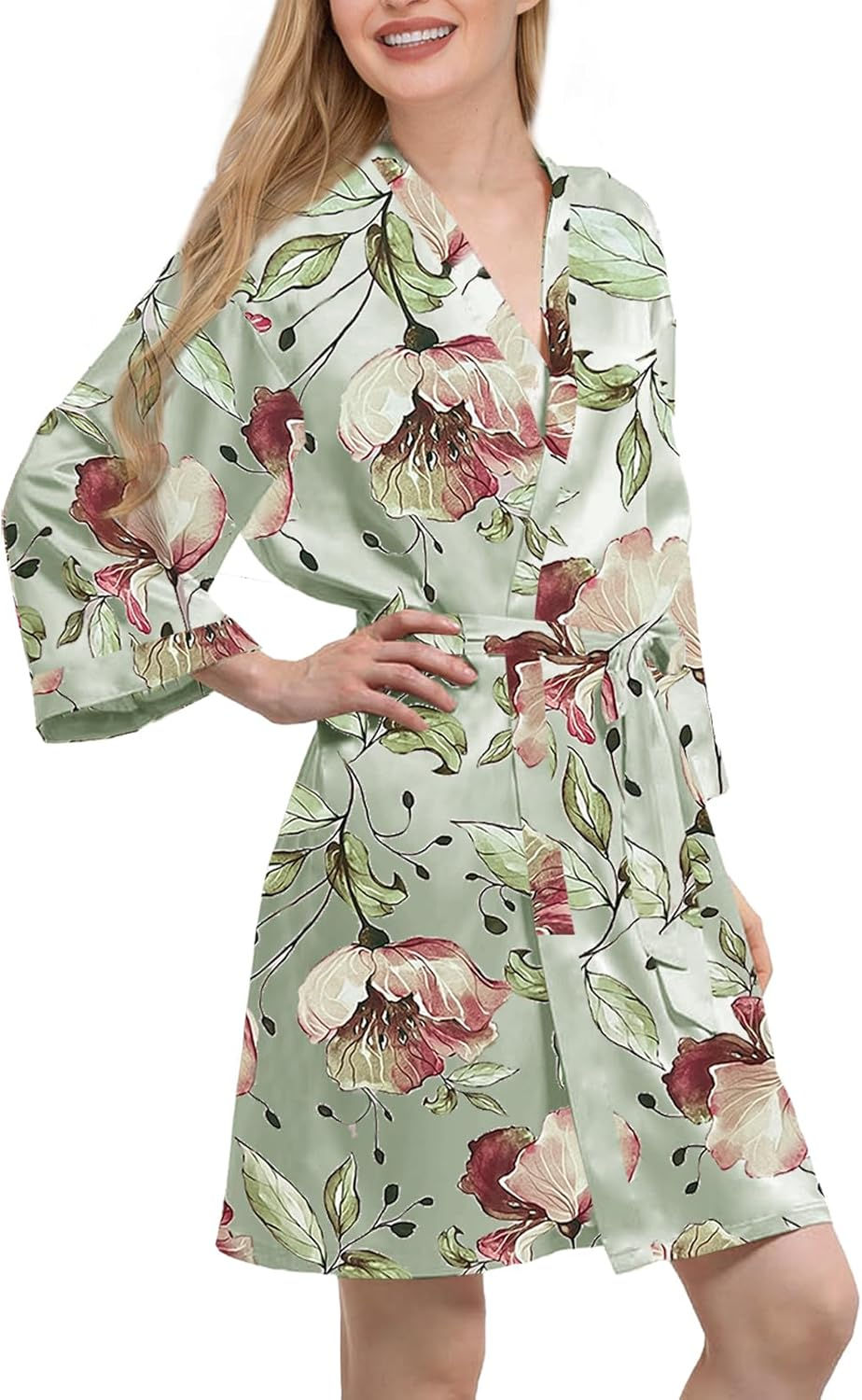 Thumbnail: Womens Satin Kimono Robe Silk Robes Floral Bathrobe Bride Bridesmaid Wedding Si