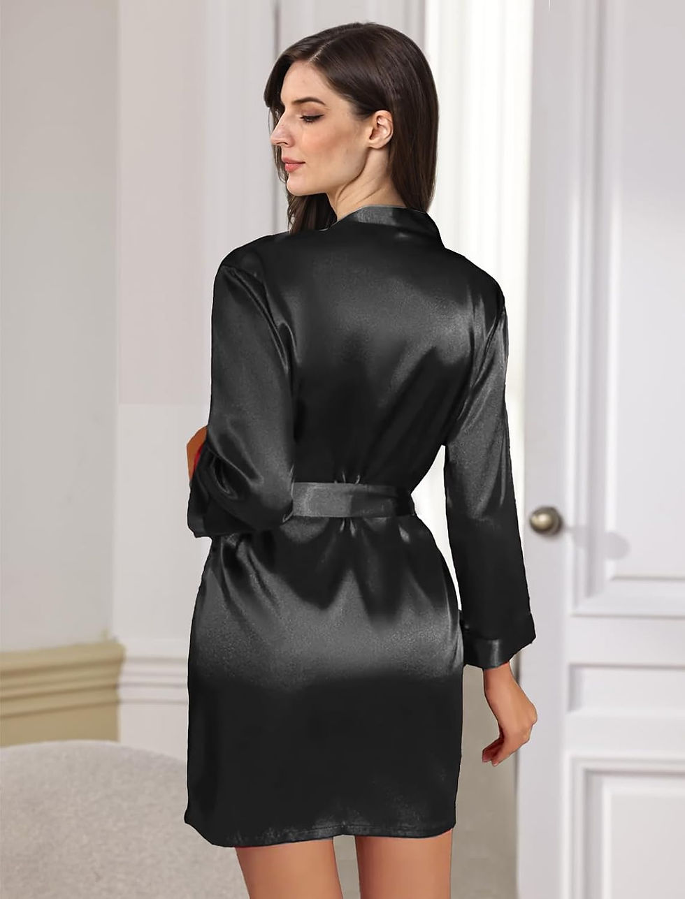 Thumbnail: Womens Satin Kimono Robe Silk Robes Floral Bathrobe Bride Bridesmaid Wedding Si
