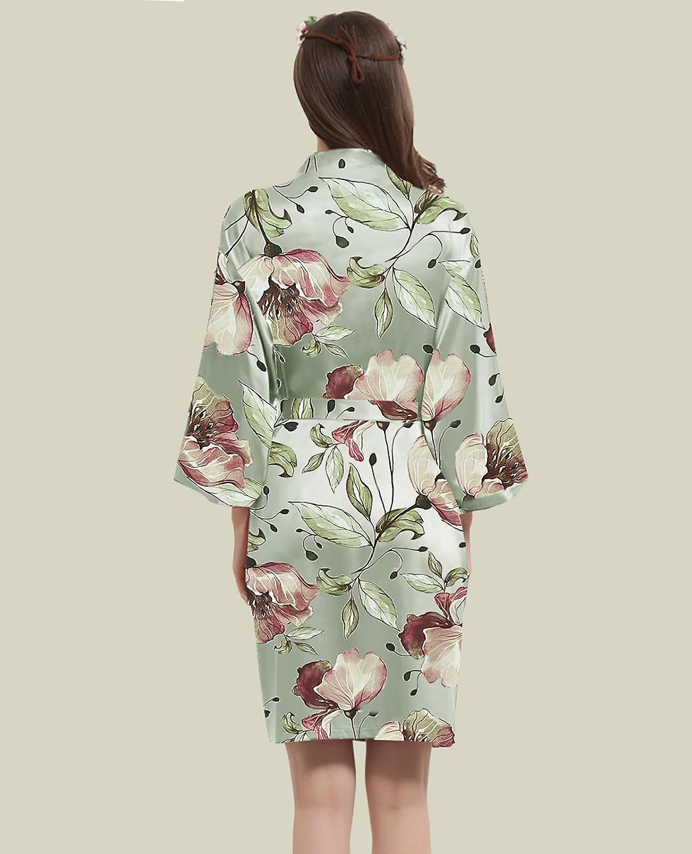 Pikkukuva: Womens Satin Kimono Robe Silk Robes Floral Bathrobe Bride Bridesmaid Wedding Si