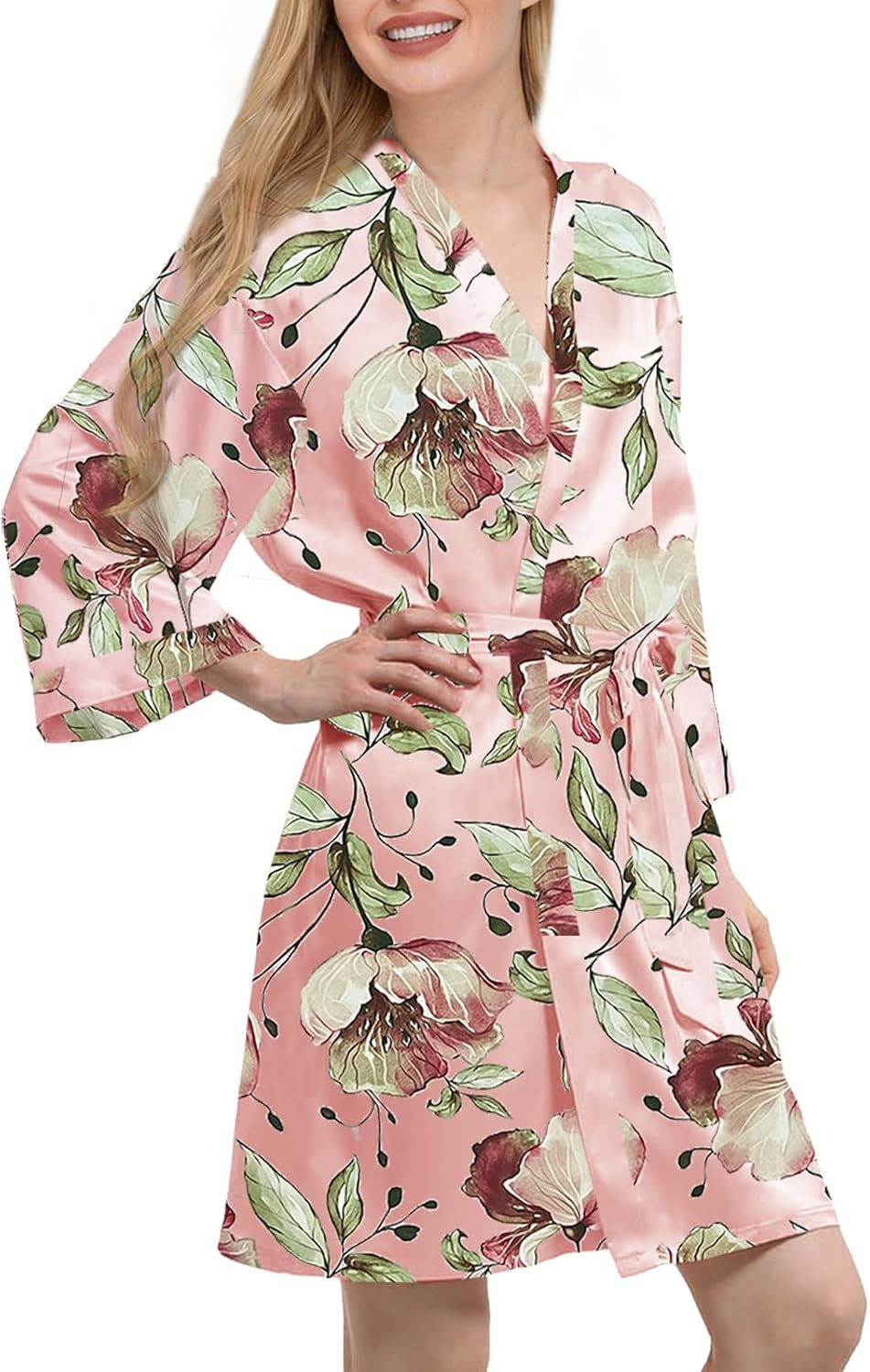 Thumbnail: Womens Satin Kimono Robe Silk Robes Floral Bathrobe Bride Bridesmaid Wedding Si
