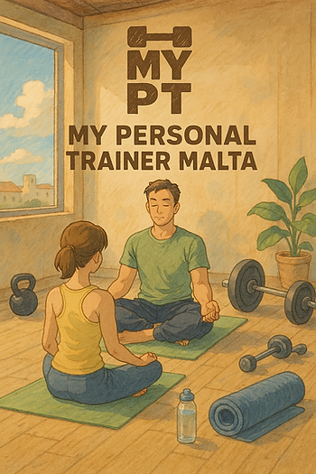 Studio Ghibli-style illustration of a peaceful gym scene featuring a personal trainer and client sitting cross-legged on yoga mats, meditating. The trainer wears a green shirt and blue pants, while the client wears a yellow tank top and blue leggings. Around them are kettlebells, a barbell, dumbbell, water bottle, yoga mat, and a leafy plant. A large window shows a sunny Maltese landscape. The text reads "MY PT – MY PERSONAL TRAINER MALTA" above the scene.