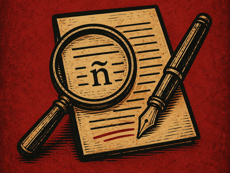 Magnifying glass highlighting the Spanish letter ñ on a manuscript, symbolizing AI-assisted Spanish translation for Christian authors.