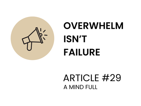 Circular icon with a megaphone on a soft taupe background, next to bold text reading 'OVERWHELM ISN'T FAILURE — Article #29 — A Mind Full'