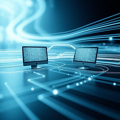 Create a modern image with sleek lines showing data moving between two computers..jpg