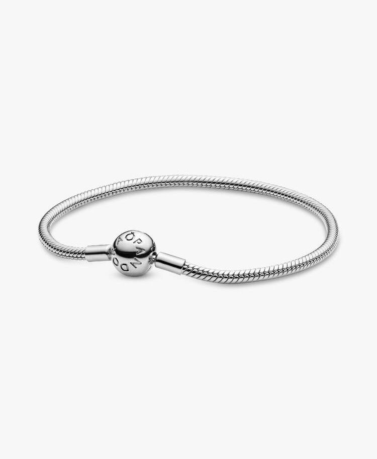 Silver Pandora bracelet with spherical closure on a white background.