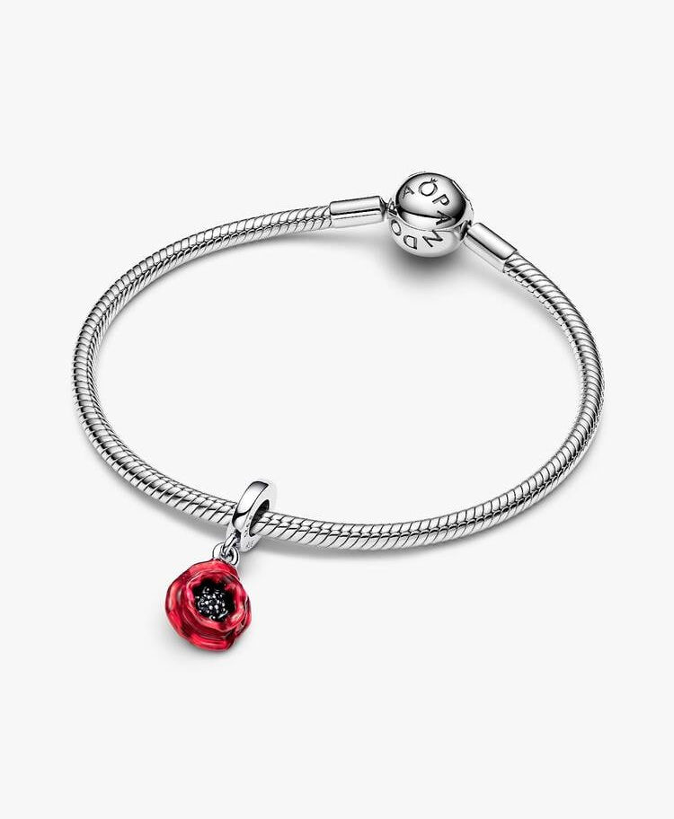 Silver Pandora bracelet with red poppy charm; Jewels by the Sea.