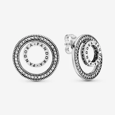 Silver Pandora earrings with the word Pandora, Jewels by the Sea.
