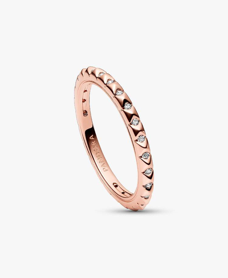 Rose gold ring with small diamonds and Pandora branding, Jewels by the Sea.