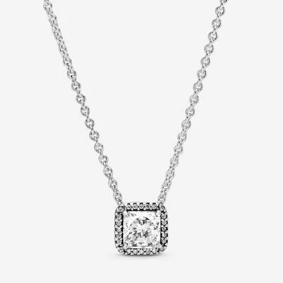 Silver necklace with square pendant Pandora Logo Pavé Circle Collier Necklace Jewels by the Sea