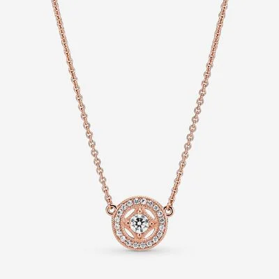 Rose gold necklace with pavé pendant and Pandora Logo Pavé Circle Collier Necklace.